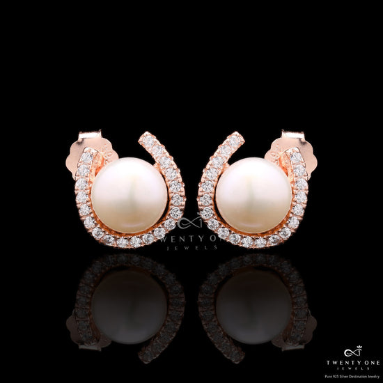 Fresh Water Pearl Elyna Studs On 925 Silver (Rose Gold Finish)