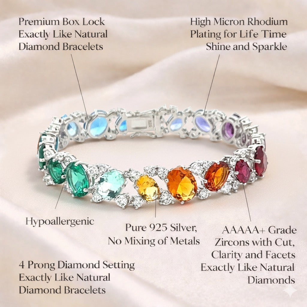 Ultra Premium Rose Gold Finish Oval Cut Solitaire Rainbow Tennis Bracelet on Pure 925 Silver