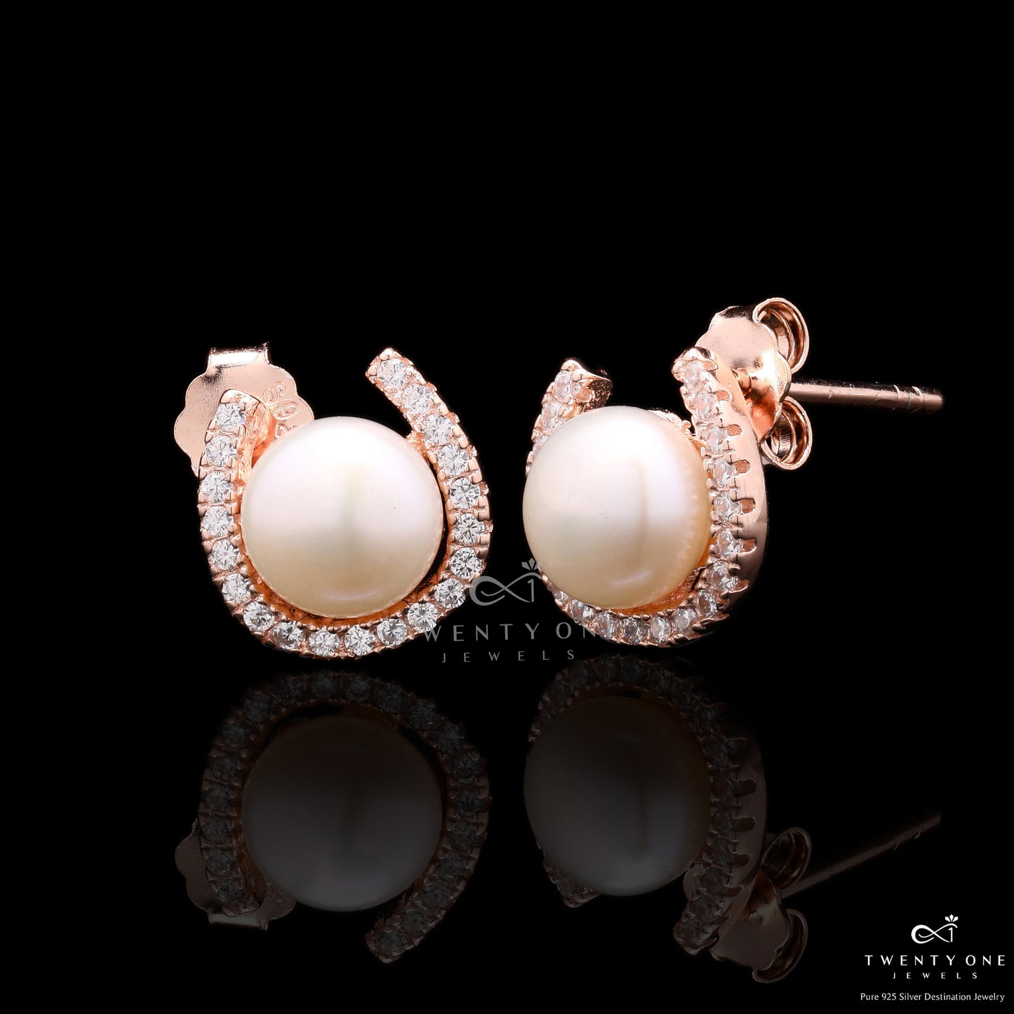 Fresh Water Pearl Elyna Studs On 925 Silver (Rose Gold Finish)