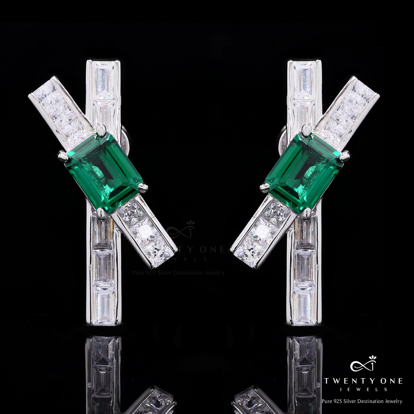 Ultra Premium American Diamond Baguette Earrings with Emerald Doublets on Pure 925 Silver