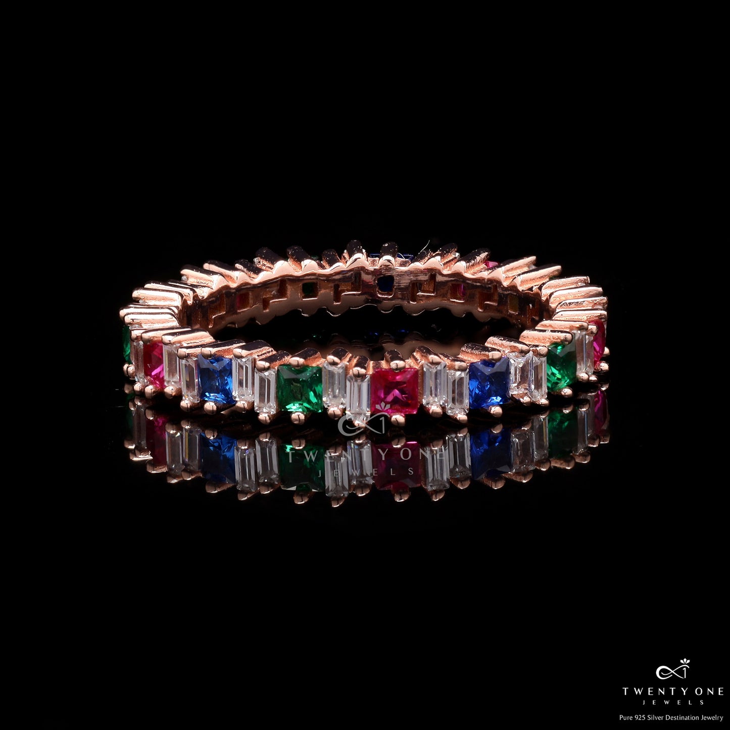 Rose Gold Multi Coloured Diamond Dorita Band Ring on Pure 925 Silver