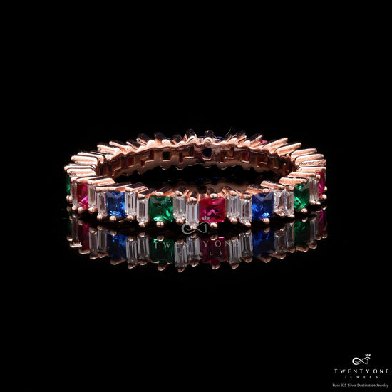 Rose Gold Multi Coloured Diamond Dorita Band Ring on Pure 925 Silver