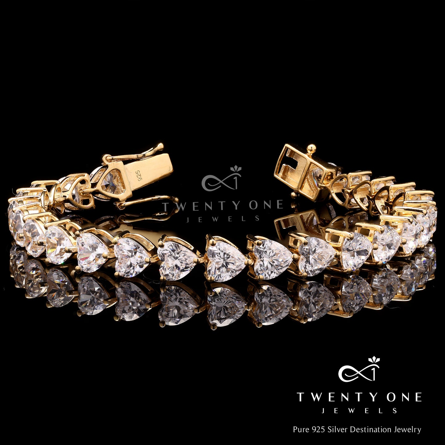 Premium Heart Solitaire 18k Gold Finish Bracelet on Pure 925 Silver