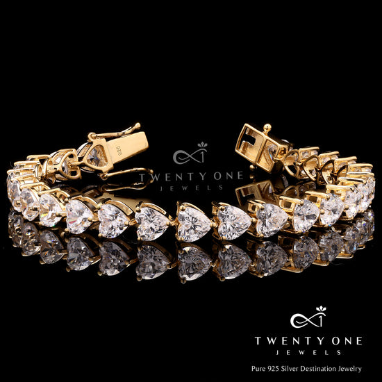 Premium Heart Solitaire 18k Gold Finish Bracelet on Pure 925 Silver