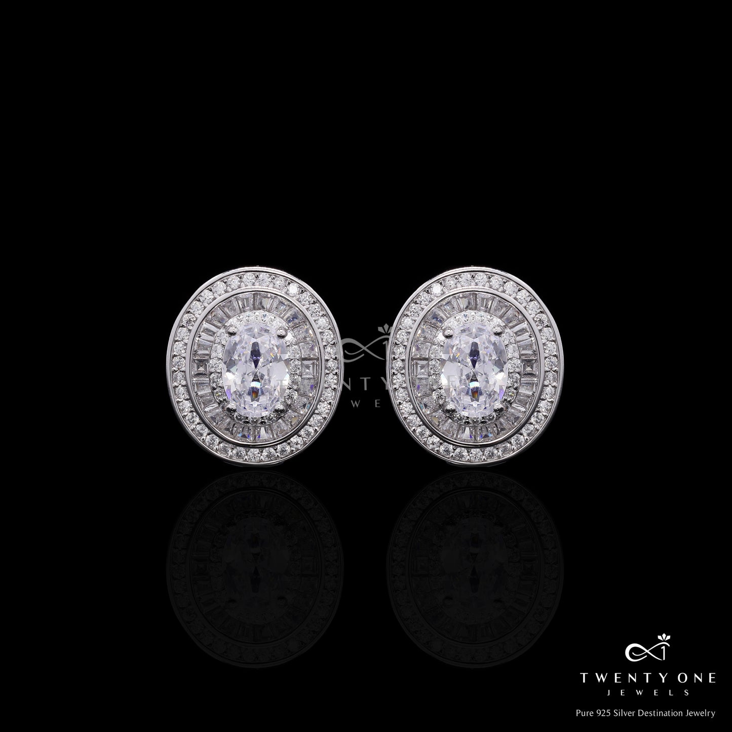 Premium 75 Cents Each Oval Solitaire Studs with Baguettes and Round Cuts on Pure 925 Silver