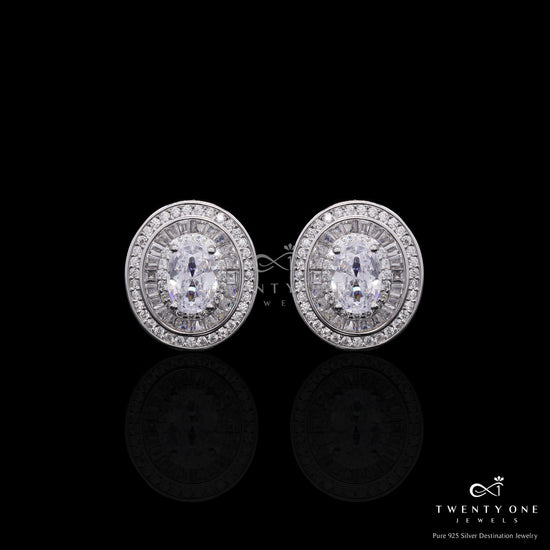 Premium 75 Cents Each Oval Solitaire Studs with Baguettes and Round Cuts on Pure 925 Silver
