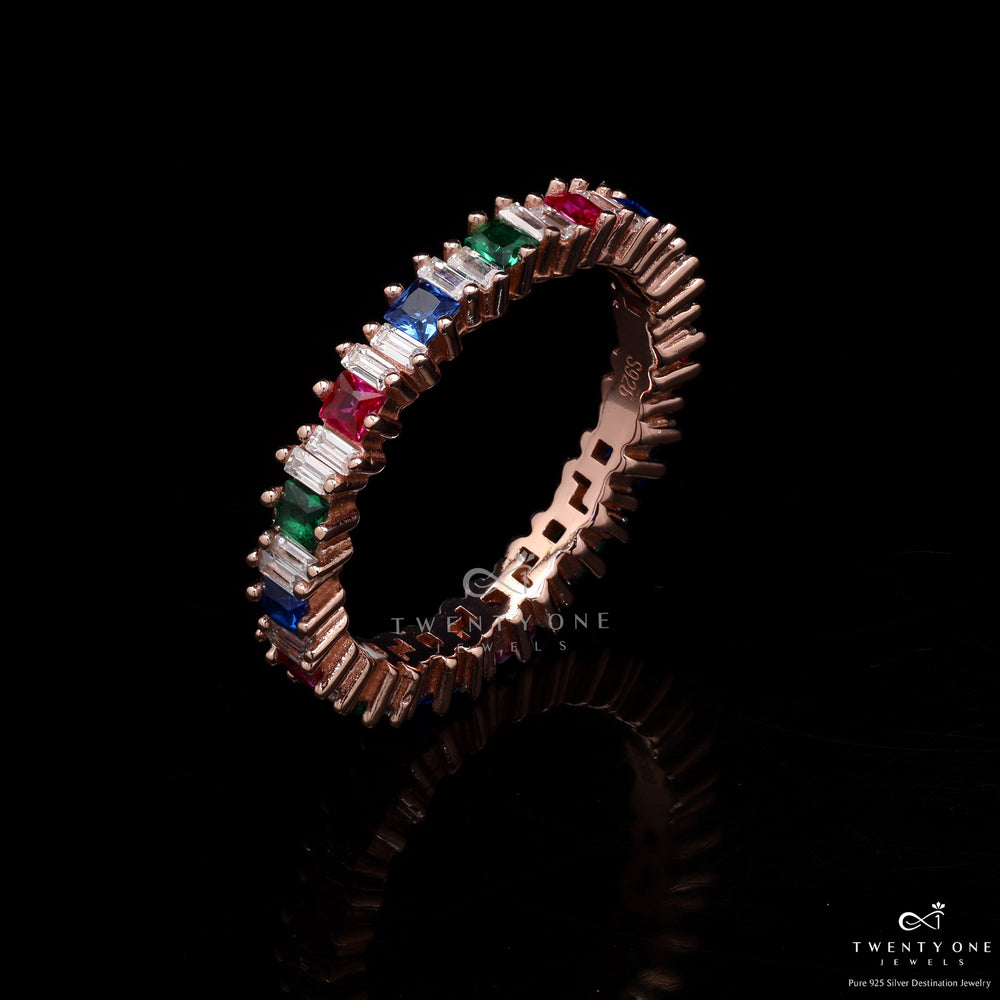 Rose Gold Multi Coloured Diamond Dorita Band Ring on Pure 925 Silver