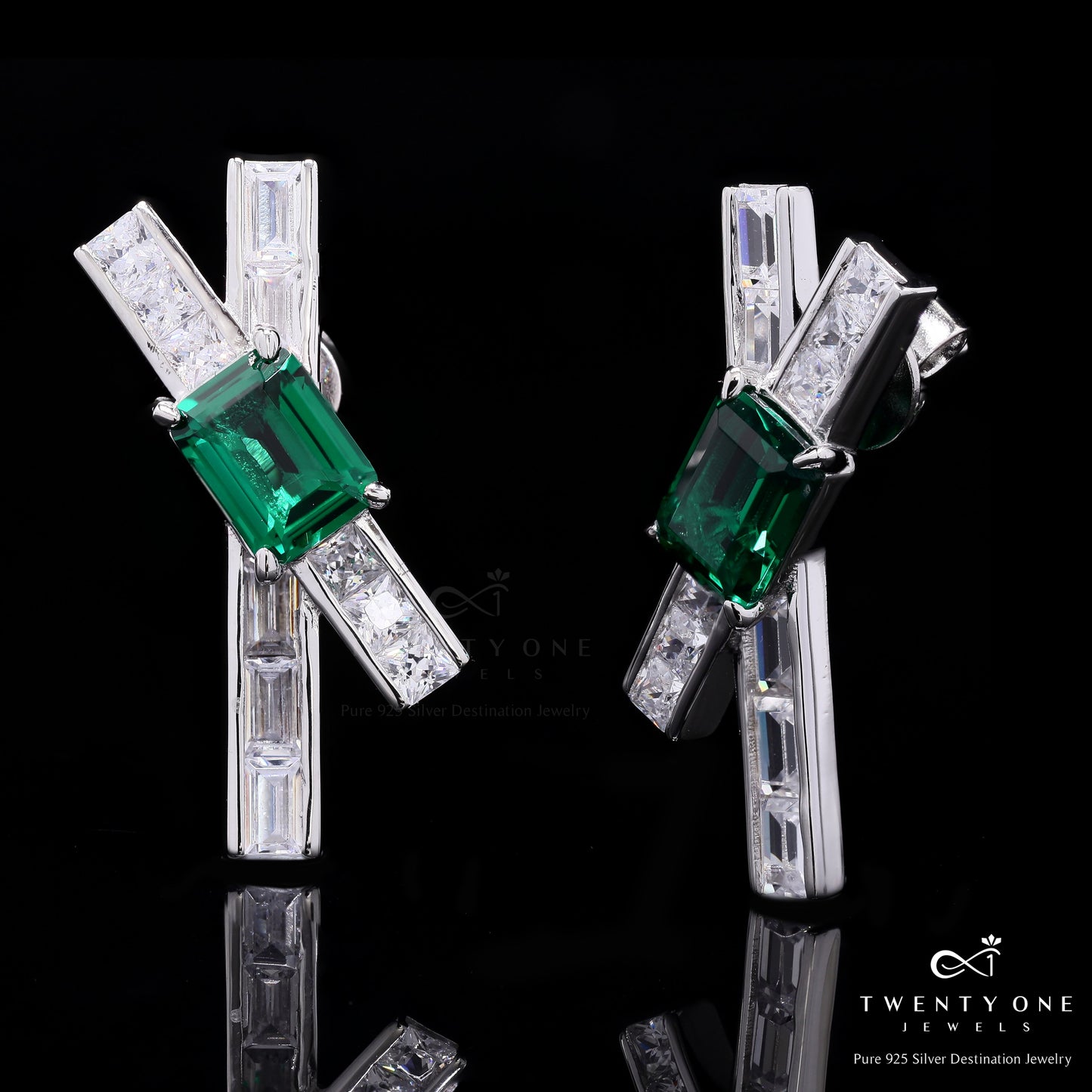 Ultra Premium American Diamond Baguette Earrings with Emerald Doublets on Pure 925 Silver