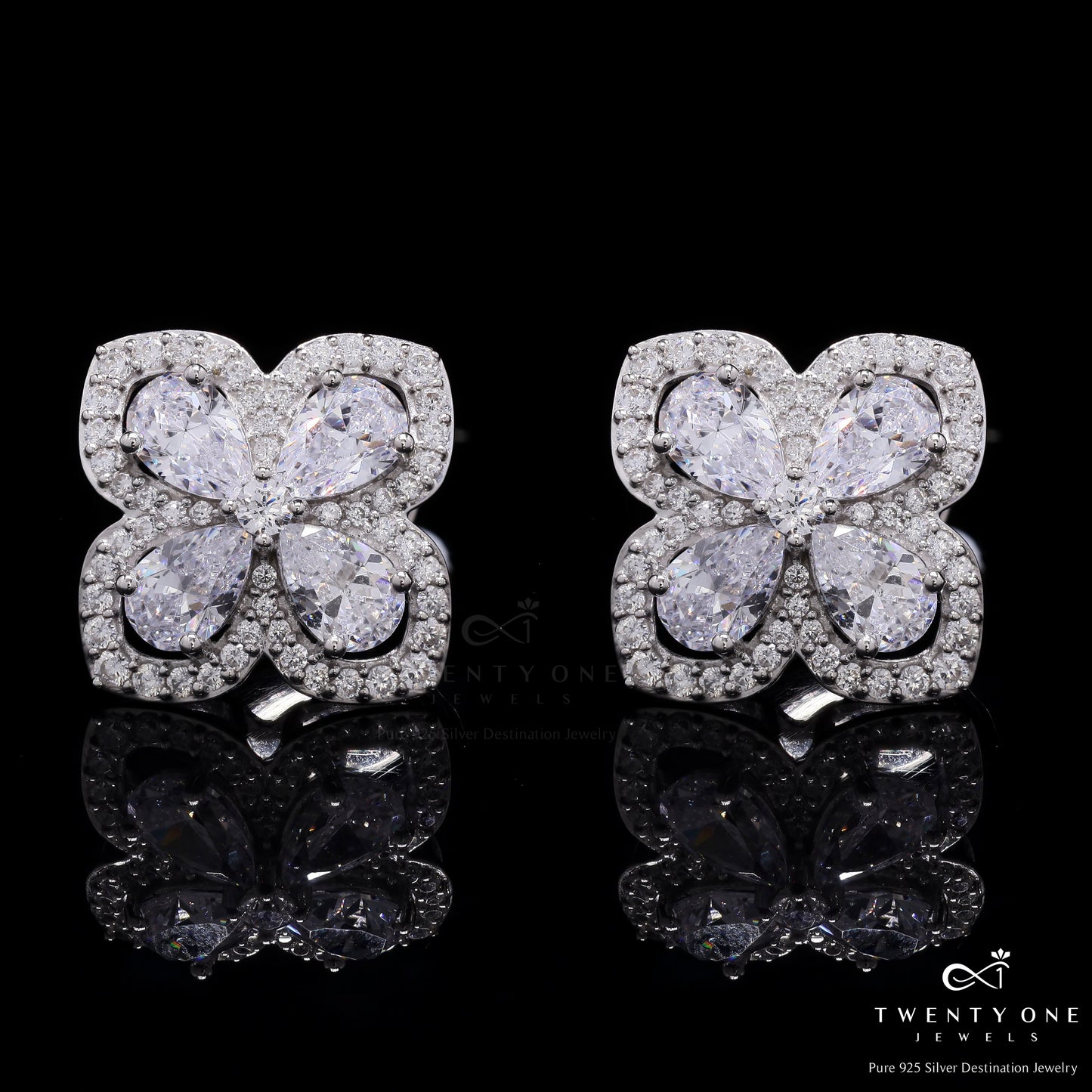 Premium Drop Solitaire Malti Marie Floral Studs with Premium Screw Backs on Pure 925 Silver