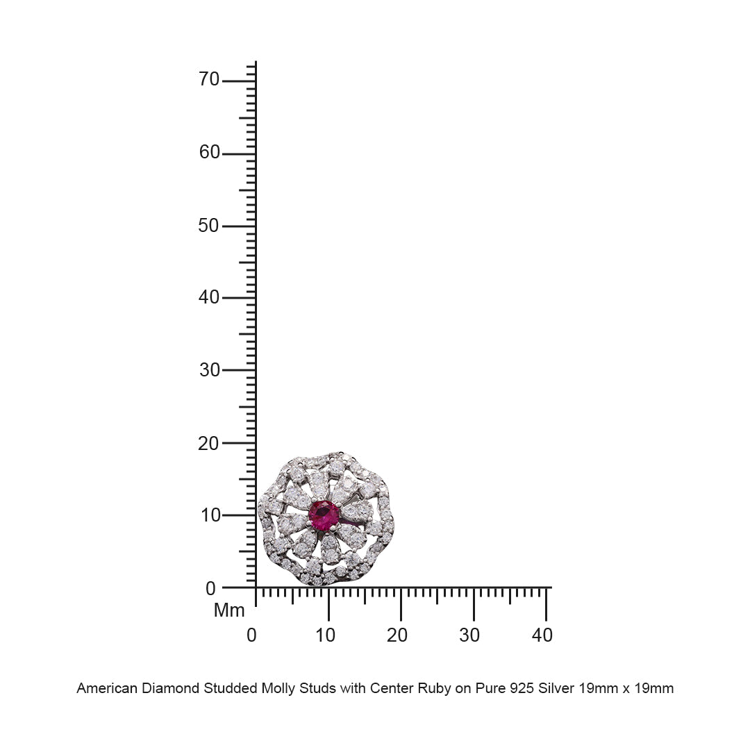 American Diamond Studded Molly Studs with Center Ruby on Pure 925 Silver