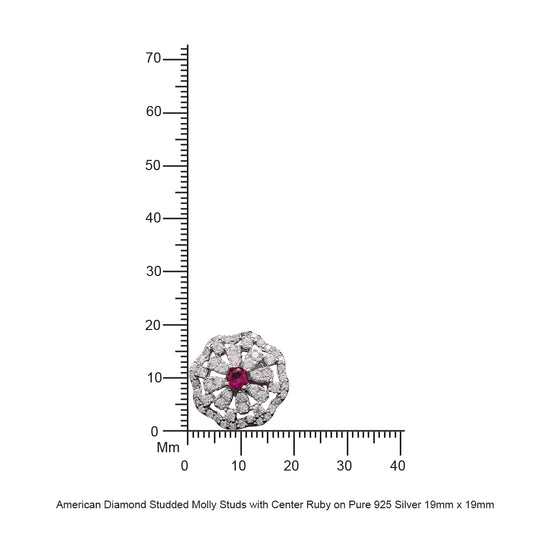 American Diamond Studded Molly Studs with Center Ruby on Pure 925 Silver