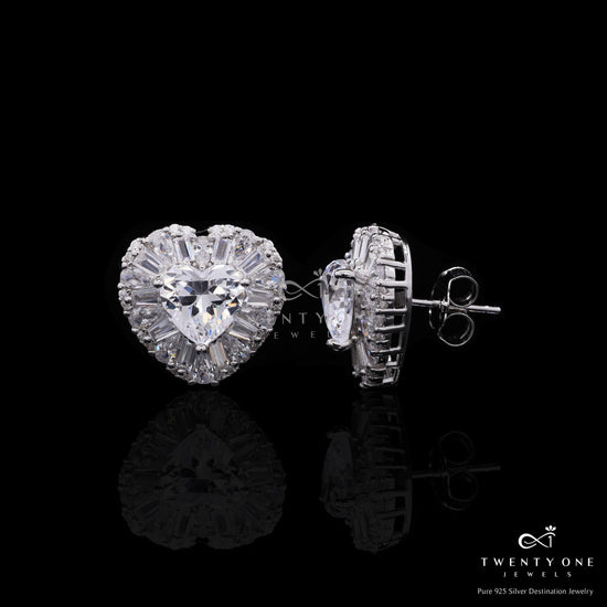 Ultra Premium 3 Carat Heart Solitaire Stud Earrings with American Diamond Baguettes on Pure 925 Silver