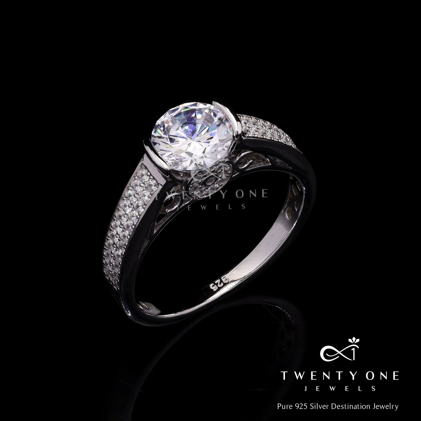 1 Carat Centre Solitaire and Micro Setting Diamond Band Noba Ring on Pure 925 Silver