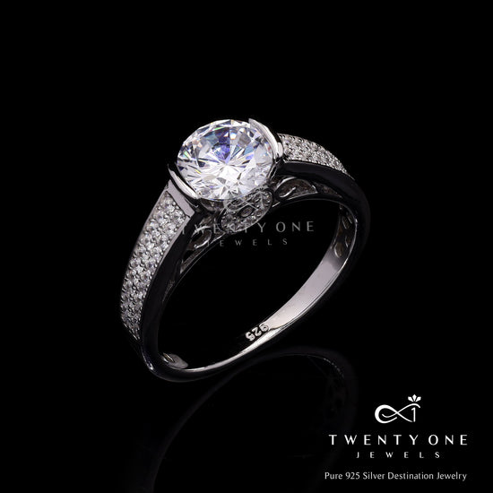 1 Carat Centre Solitaire and Micro Setting Diamond Band Noba Ring on Pure 925 Silver