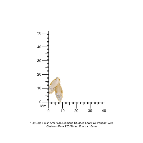 18k Gold Finish American Diamond Studded Leaf Pair Pendant with Chain on Pure 925 Silver.