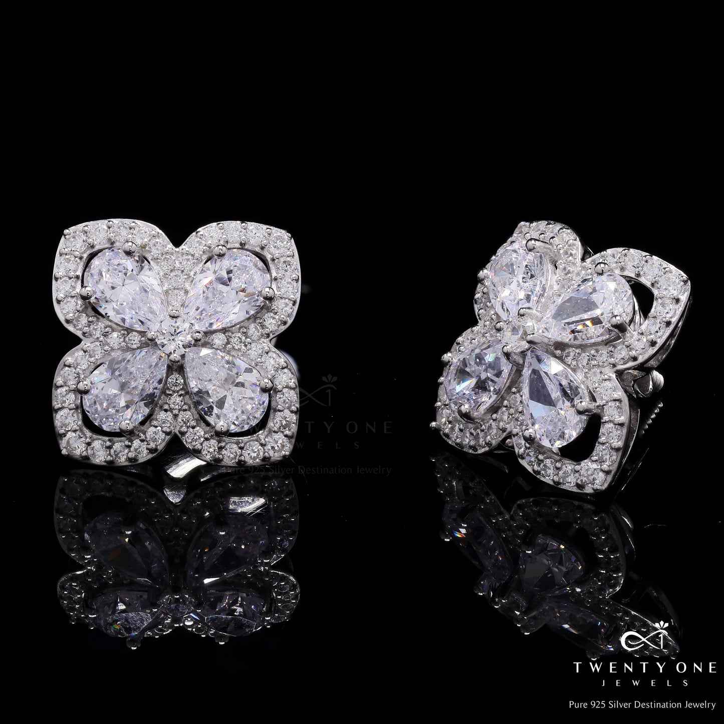 Premium Drop Solitaire Malti Marie Floral Studs with Premium Screw Backs on Pure 925 Silver