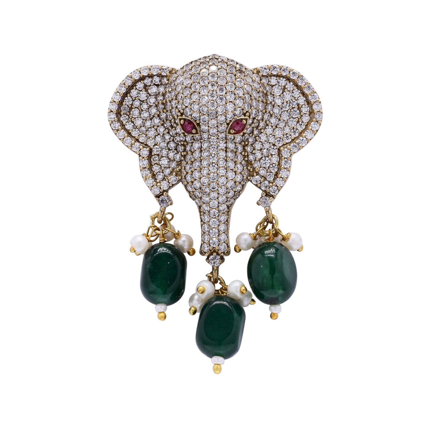 TOJ Everyday - Antique Gold Finish Lord Ganesha Unisex Brooch for Men and Women with Emerald Drops