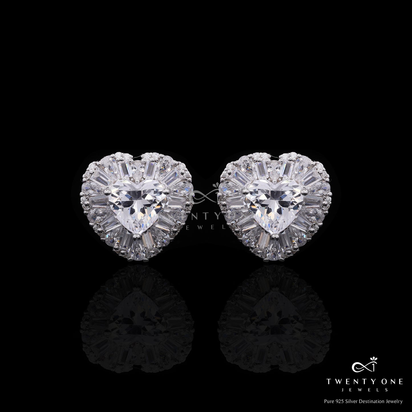 Ultra Premium 3 Carat Heart Solitaire Stud Earrings with American Diamond Baguettes on Pure 925 Silver