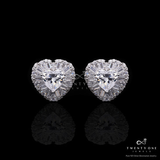 Ultra Premium 3 Carat Heart Solitaire Stud Earrings with American Diamond Baguettes on Pure 925 Silver