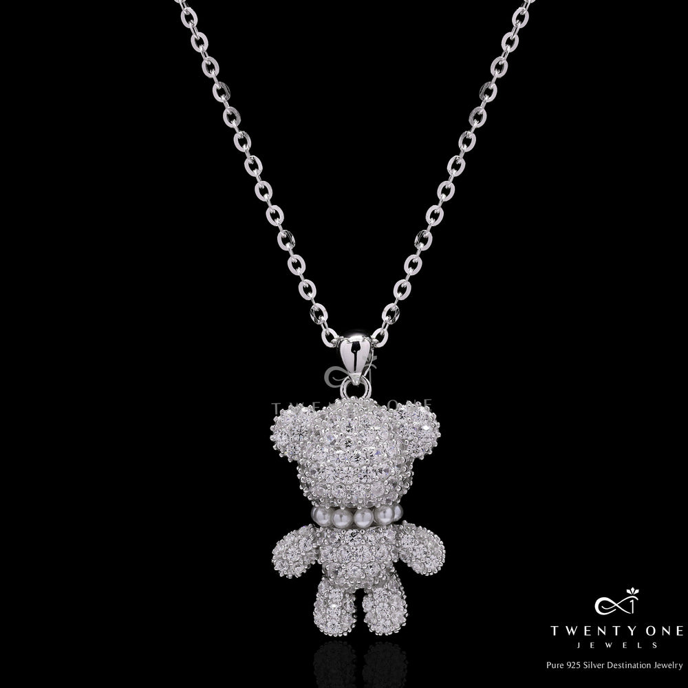 Valentines Exclusive Diamond Studded Teddy Bear Coco Pendant with Chain on Pure 925 Silver