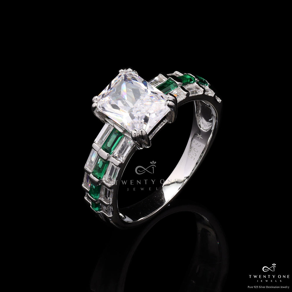 Emerald Cut Solitaire Lara Ring with Diamond Baguettes On 925 Silver