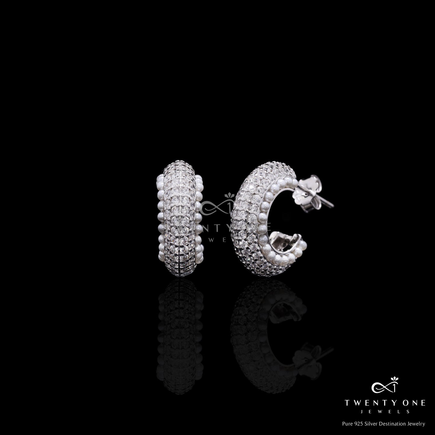 Premium Micro Setting American Diamond and Pearl Tia Huggie Hoops on Pure 925 Silver