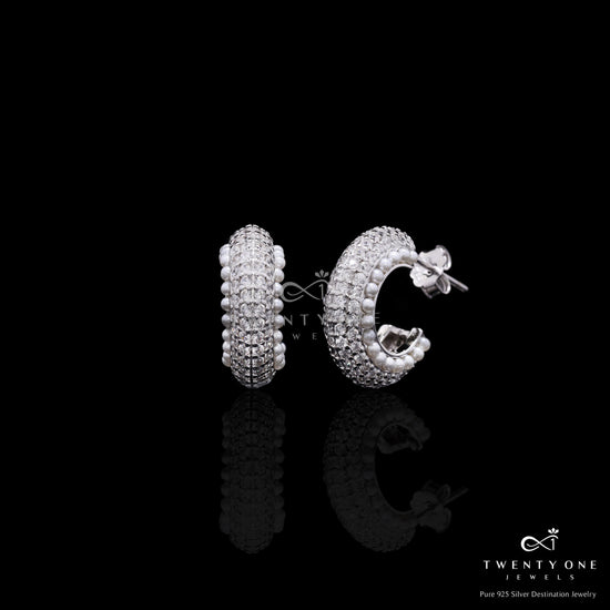 Premium Micro Setting American Diamond and Pearl Tia Huggie Hoops on Pure 925 Silver