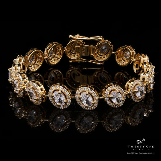 18k Gold Finish Premium 50 Pointer Oval Solitaire Tennis Bracelet with Diamond Cluster on Pure 925 Silver