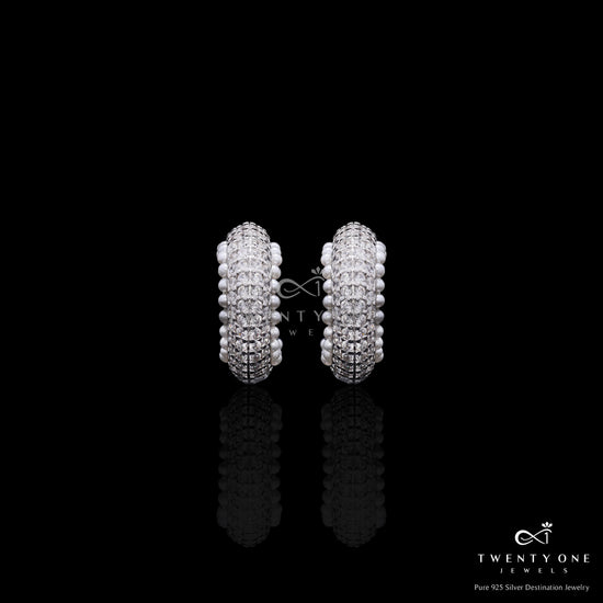 Premium Micro Setting American Diamond and Pearl Tia Huggie Hoops on Pure 925 Silver