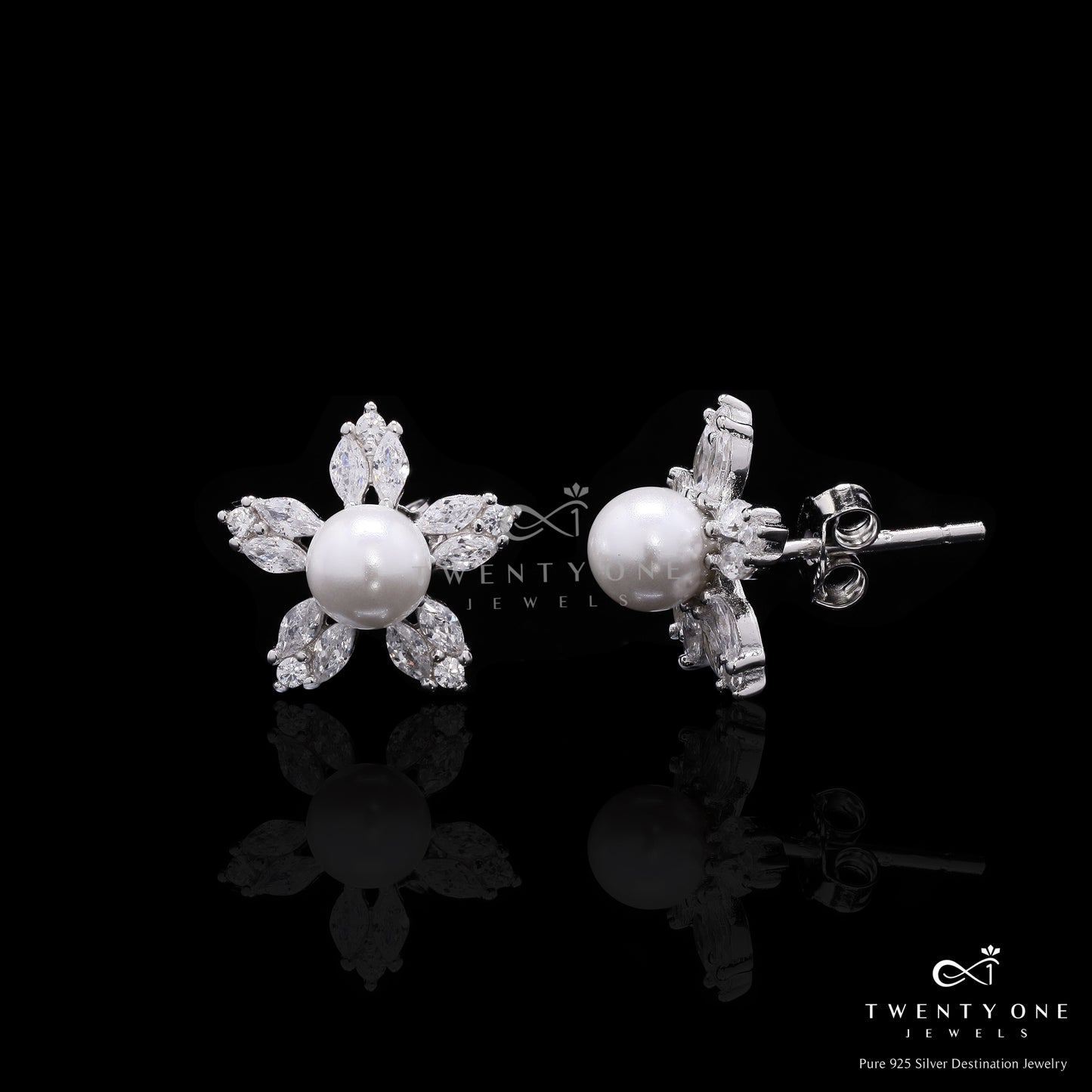 Premium Petite Fresh Water Pearl Xia Studs with American Diamond Marquise on Pure 925 Silver.