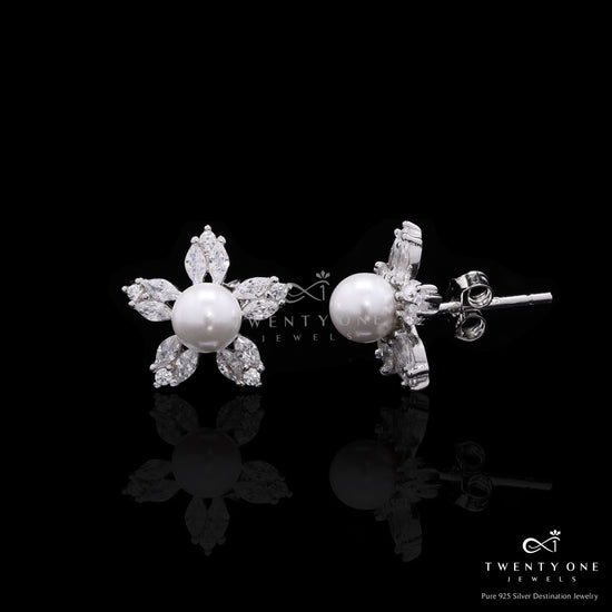Premium Petite Fresh Water Pearl Xia Studs with American Diamond Marquise on Pure 925 Silver.