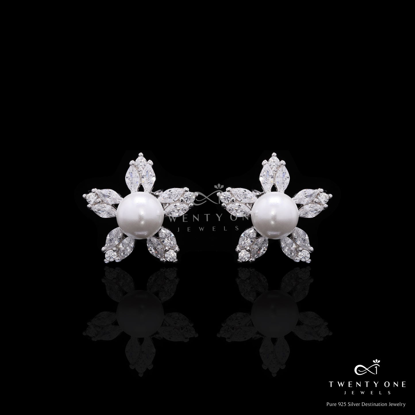 Premium Petite Fresh Water Pearl Xia Studs with American Diamond Marquise on Pure 925 Silver.