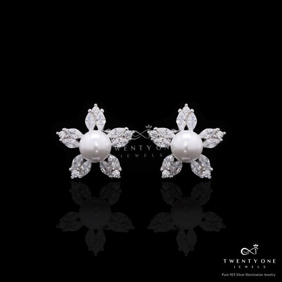 Premium Petite Fresh Water Pearl Xia Studs with American Diamond Marquise on Pure 925 Silver.