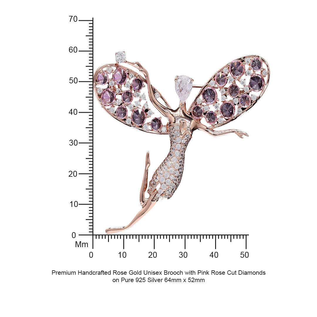 Premium Handcrafted Rose Gold Unisex Brooch with Pink Rose Cut Diamonds on Pure 925 Silver