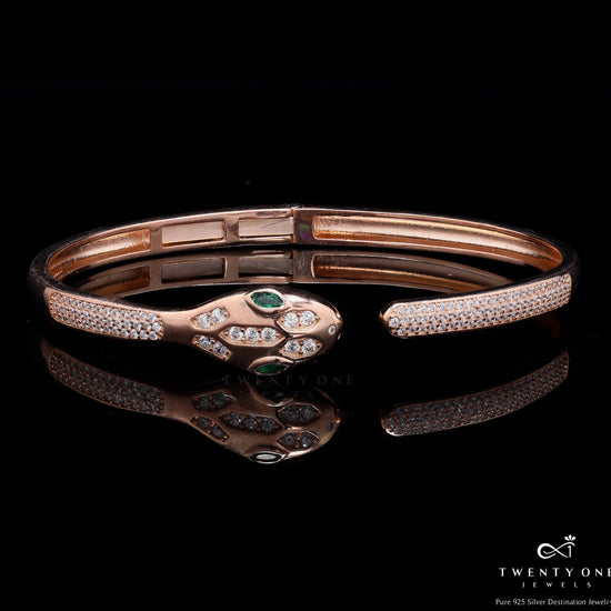 Luxury Brand Inspired Rose Gold Serpent Openable Bracelet with Micro Setting American Diamonds and Green Emerald Eye Detailing on Pure 925 Silver