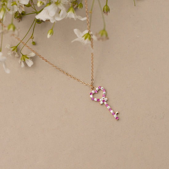 Valentines Exclusive Ruby and Diamond Studded Key to my Heart Rose Gold Pendant with Chain on Pure 925 Silver.