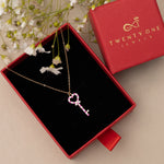 Ruby and Diamond Studded Key to my Heart Rose Gold Pendant with Chain on Pure 925 Silvern