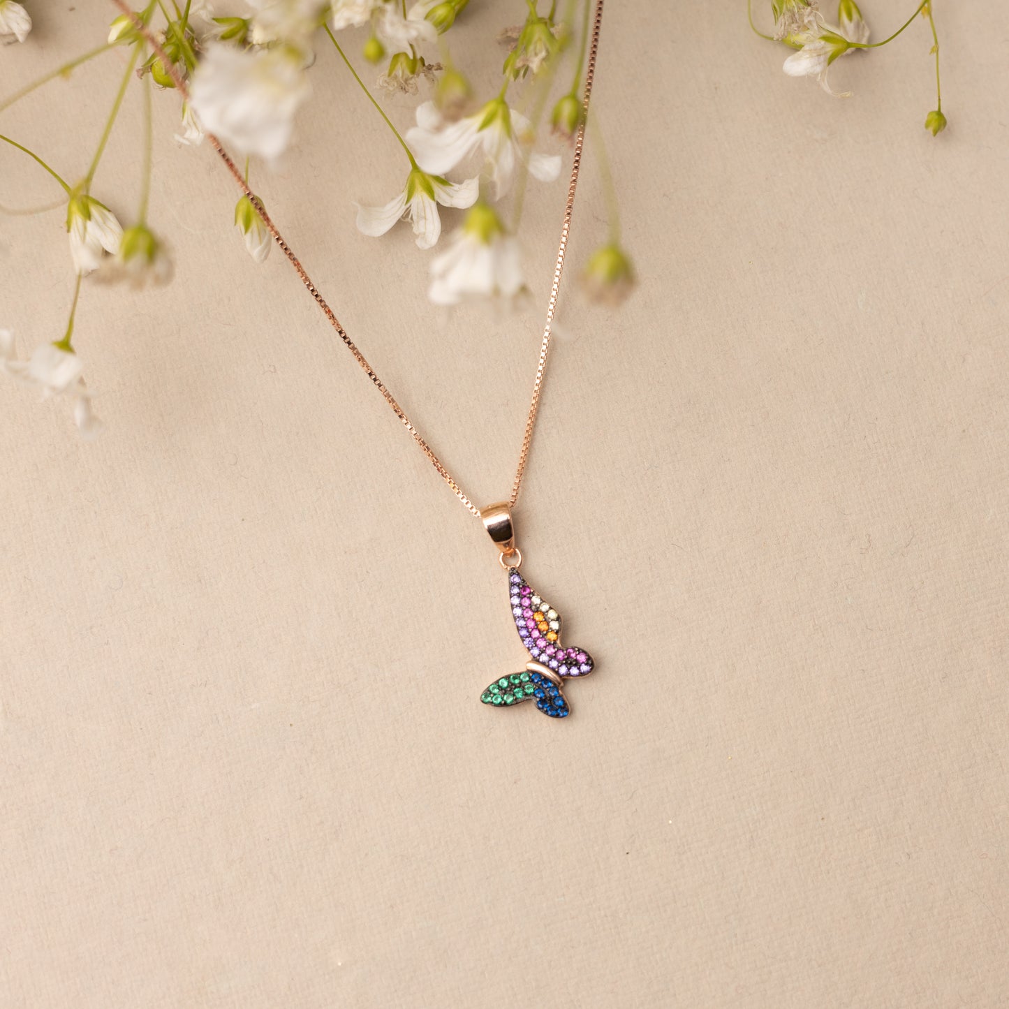 Multicoloured Butterfly Rose Gold Amora Pendant with Chain on Pure 925 Silver.