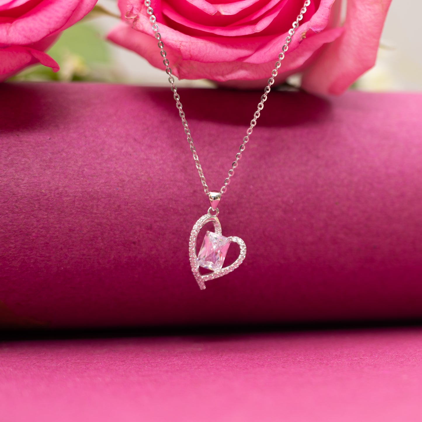 Janice Pure 925 Silver Heart Pendant with Emerald Cut Solitaire