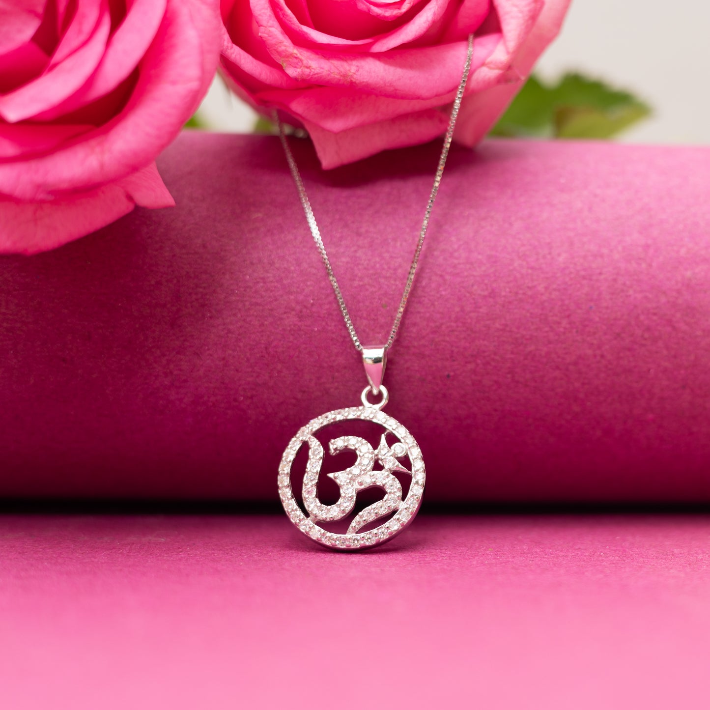 Om Pendant and Chain with Diamond Border on Pure 925 Silver