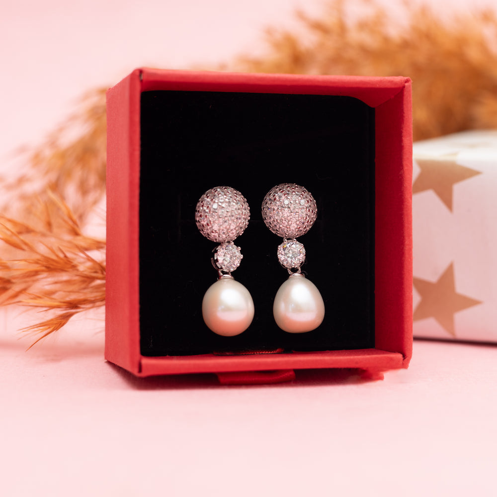 Diamond Studded Snowflake Fresh Water Pearl Earrings