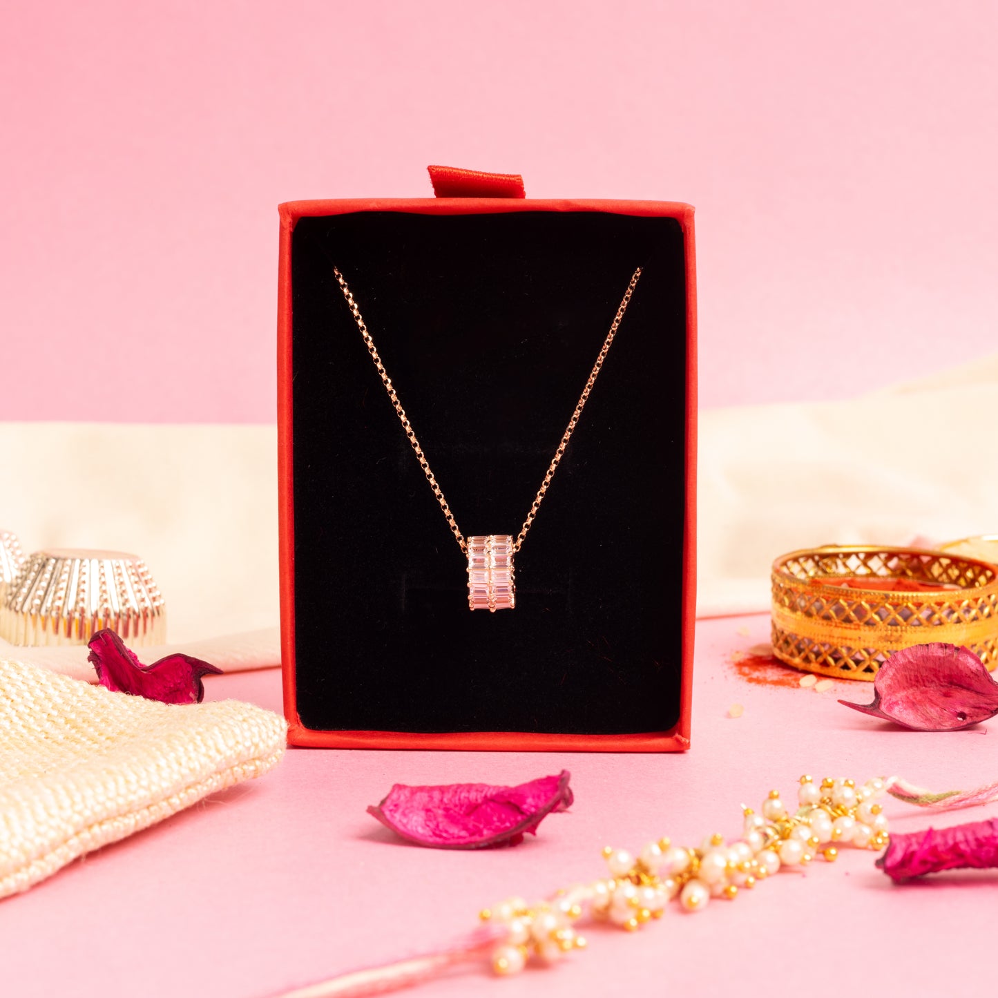 Rose Gold Luxury Brand Inspired American Diamond Baguette Suzette Pendant with Chain on pure 925 Silver