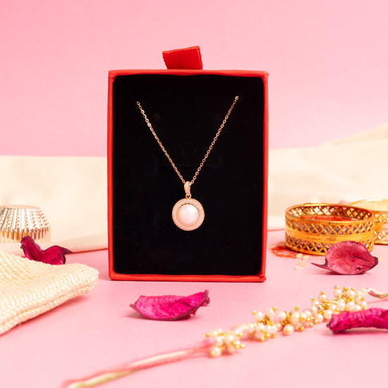 Rose Gold Diamond studded Reyna Pearl Pendant with Chain on Pure 925 Silver.
