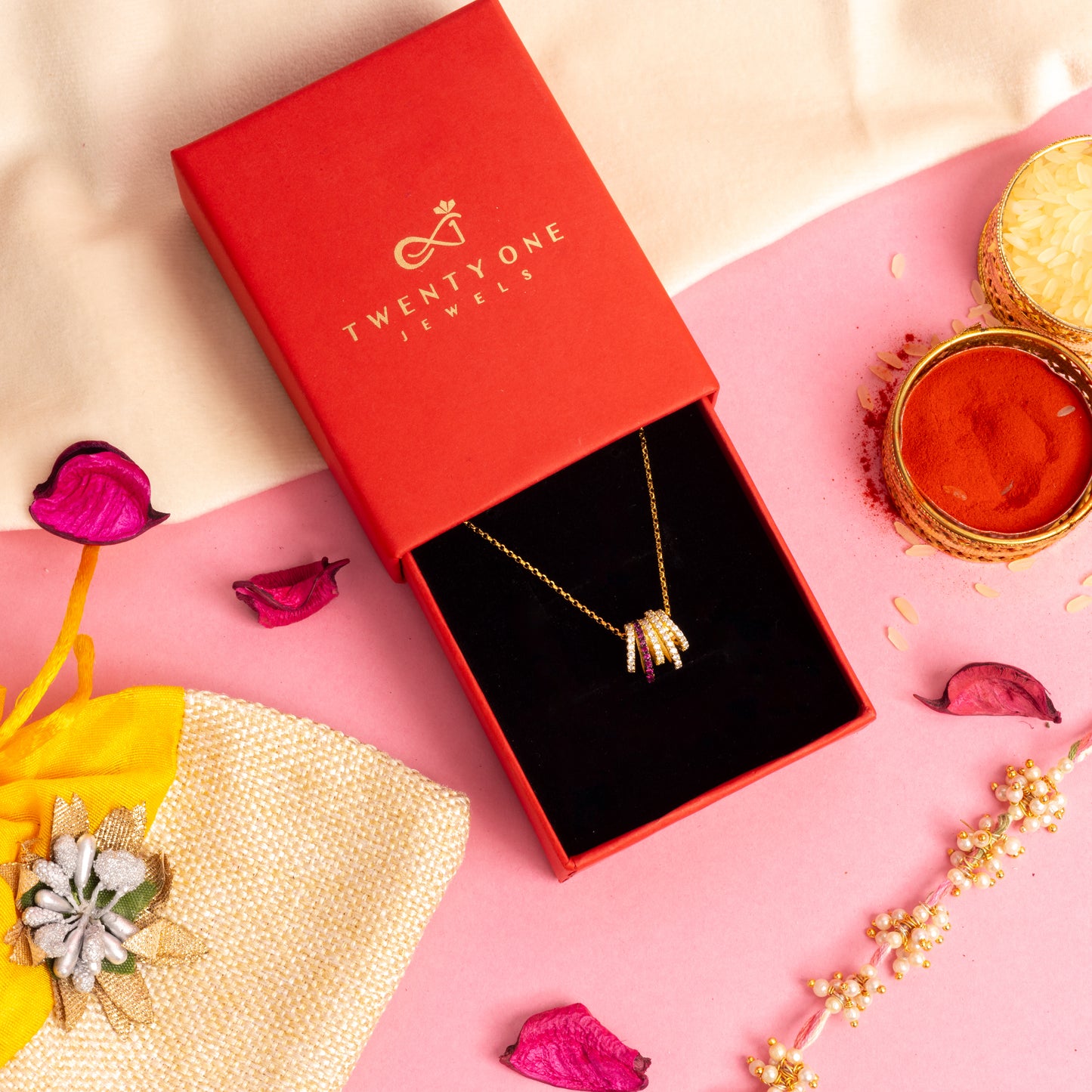 Gold Finish Multi Coloured American Diamond Rainbow Pendant with Chain