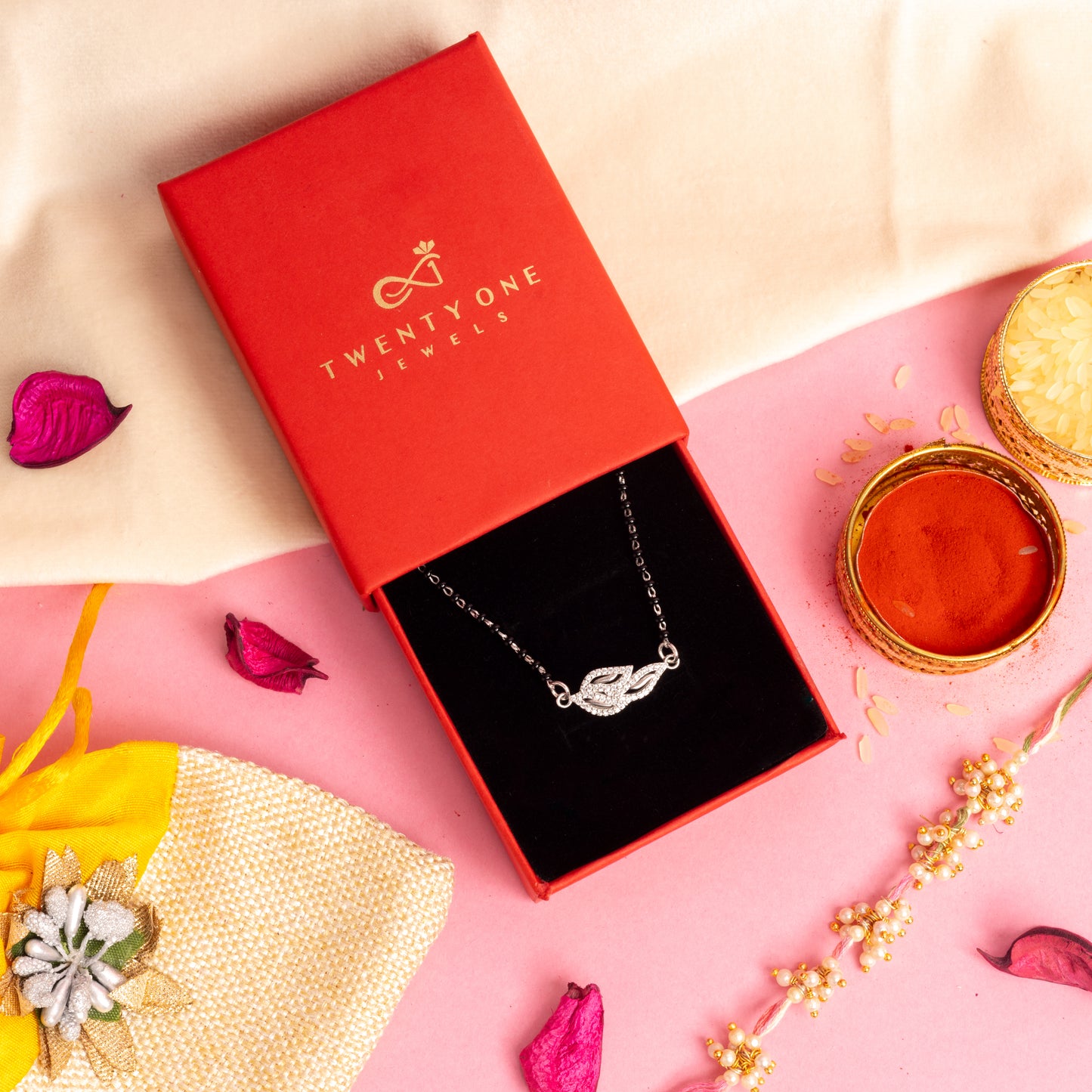 Pure 925 Silver Black Bead Rose Gold Mangalsutra with American Diamonds