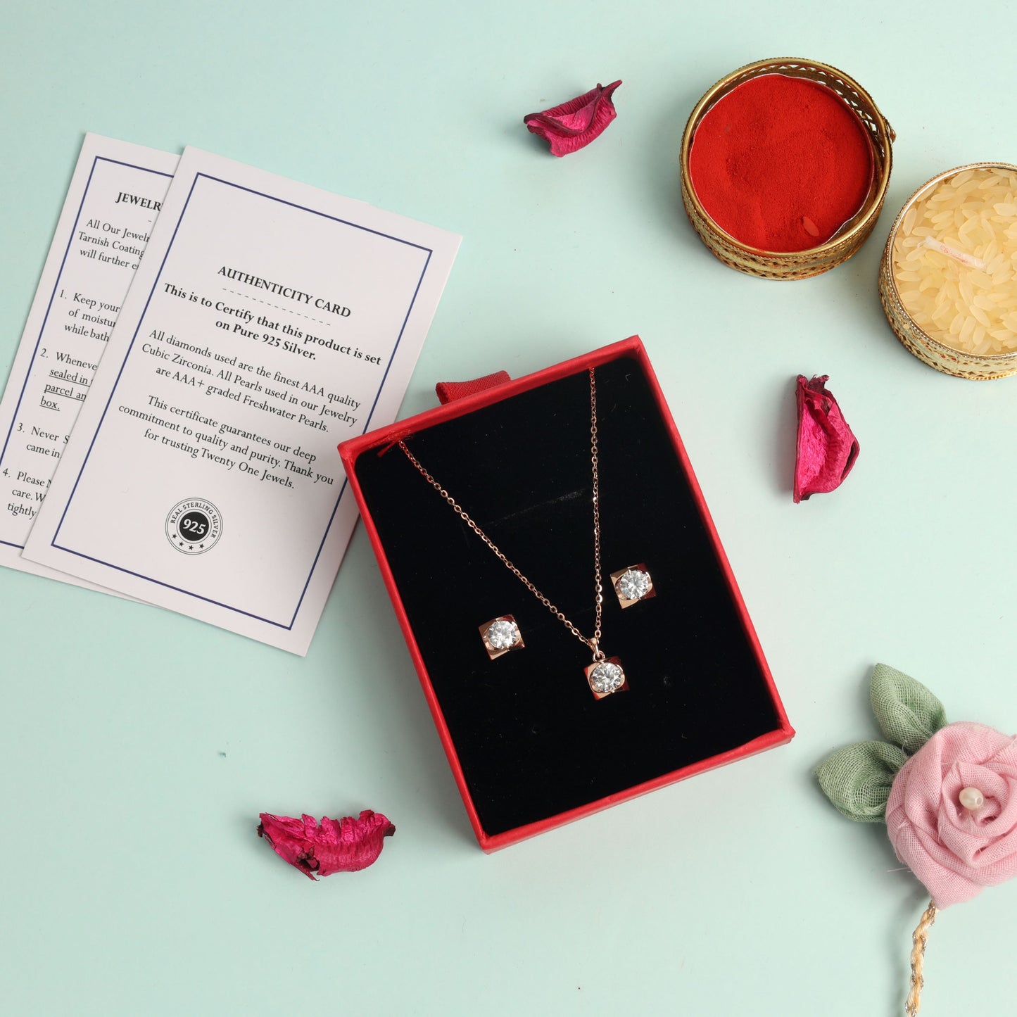 Rose Gold Solitaire Vanity Pendant Set on Pure 925 Silver