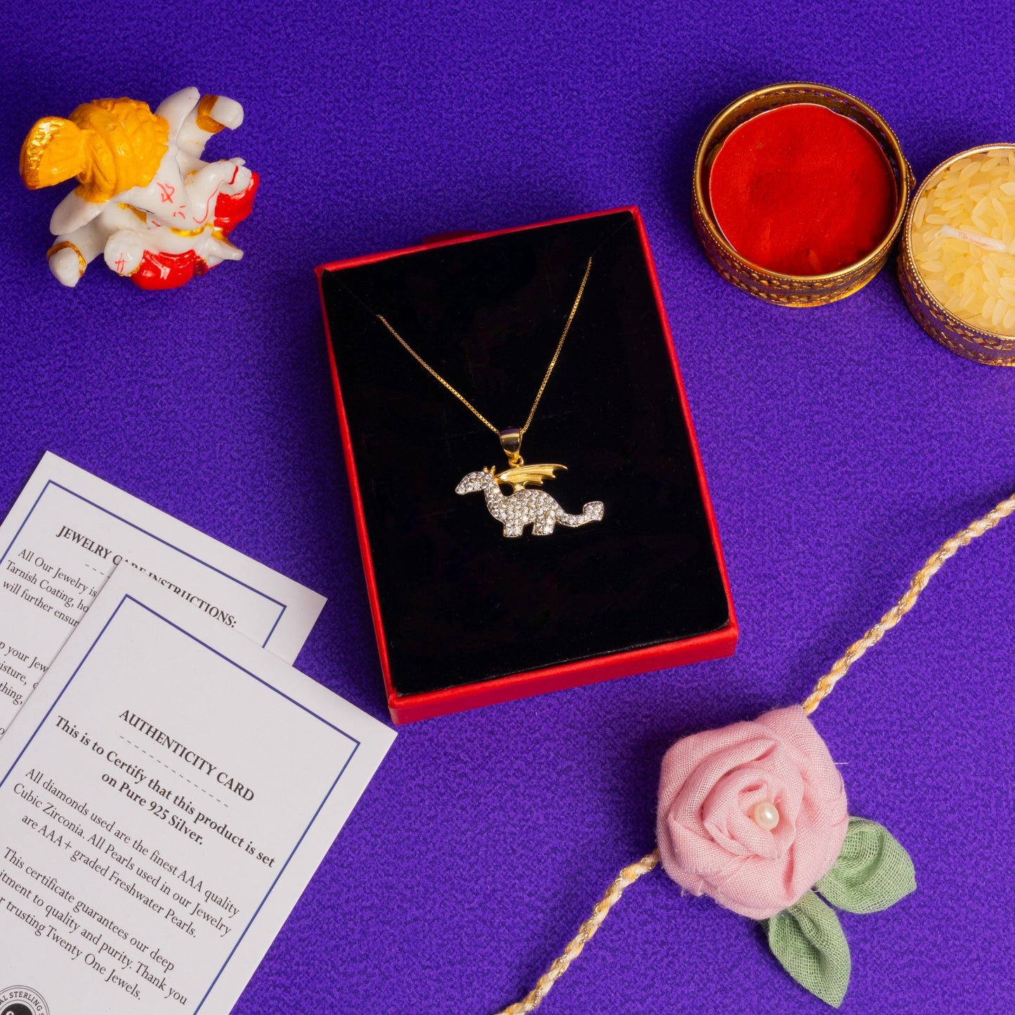 Premium American Diamond Studded Gold Finish Dino the Dinosaur Pendant with Chain on Pure 925 Silver