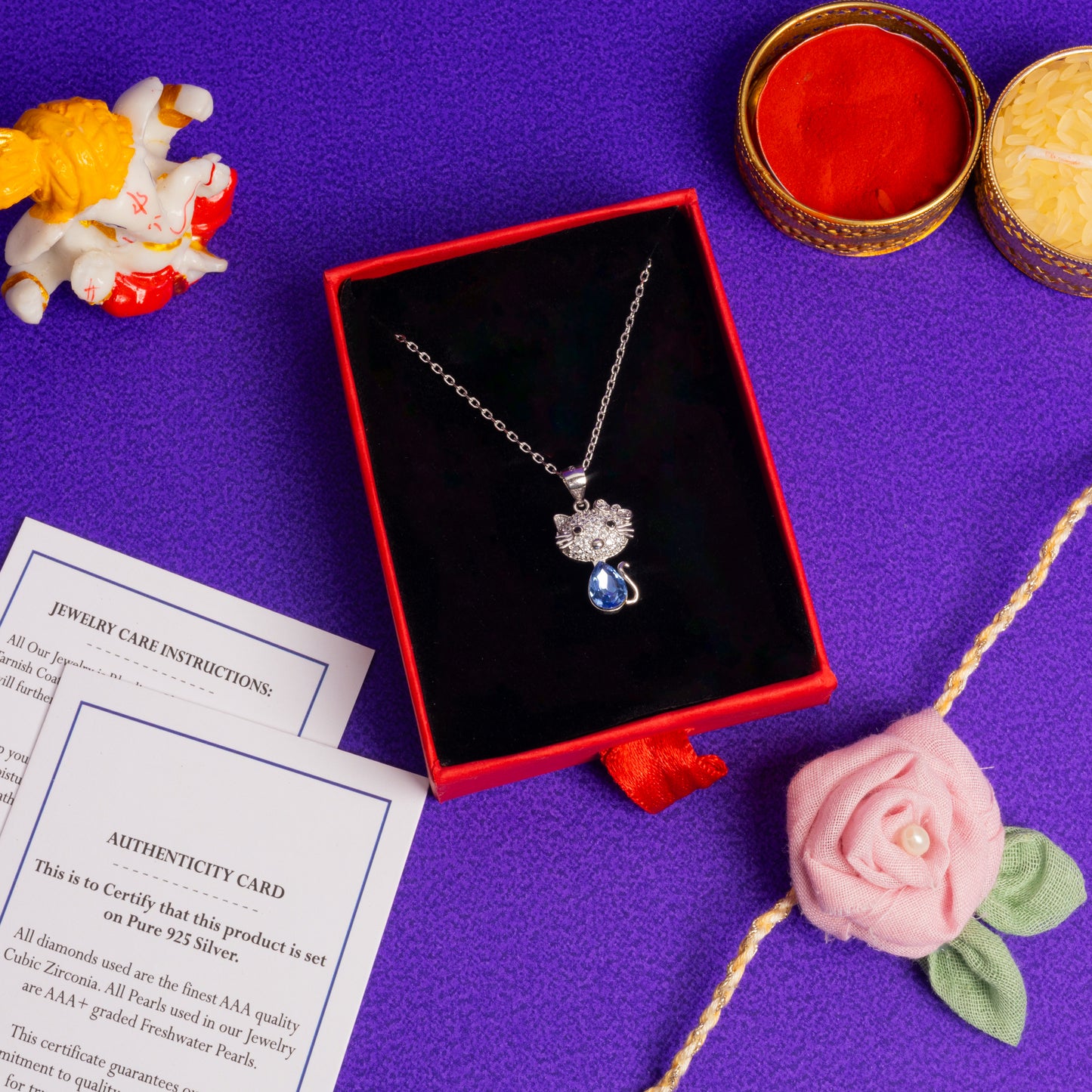 American Diamond Micro Setting Kids Kitty Pendant with Chain with Pear Shaped Blue Sapphire