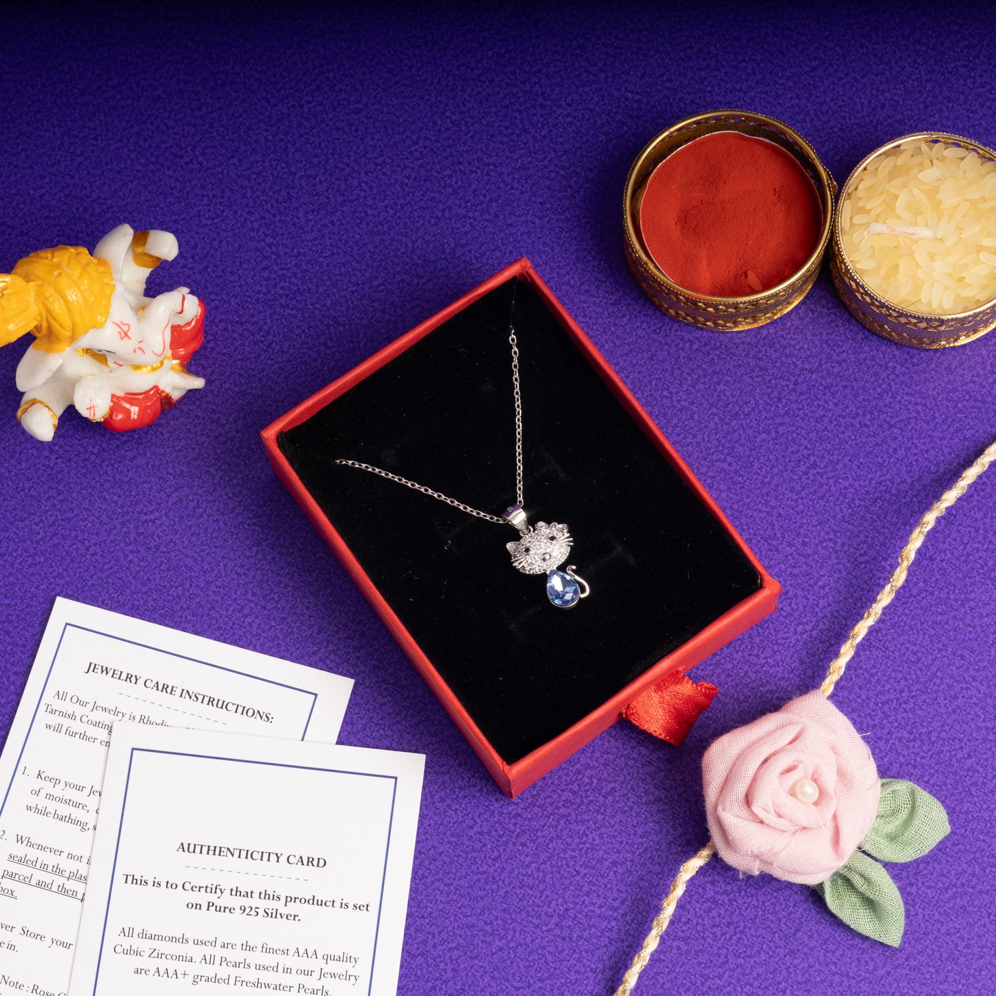 American Diamond Micro Setting Kids Kitty Pendant with Chain with Pear Shaped Blue Sapphire