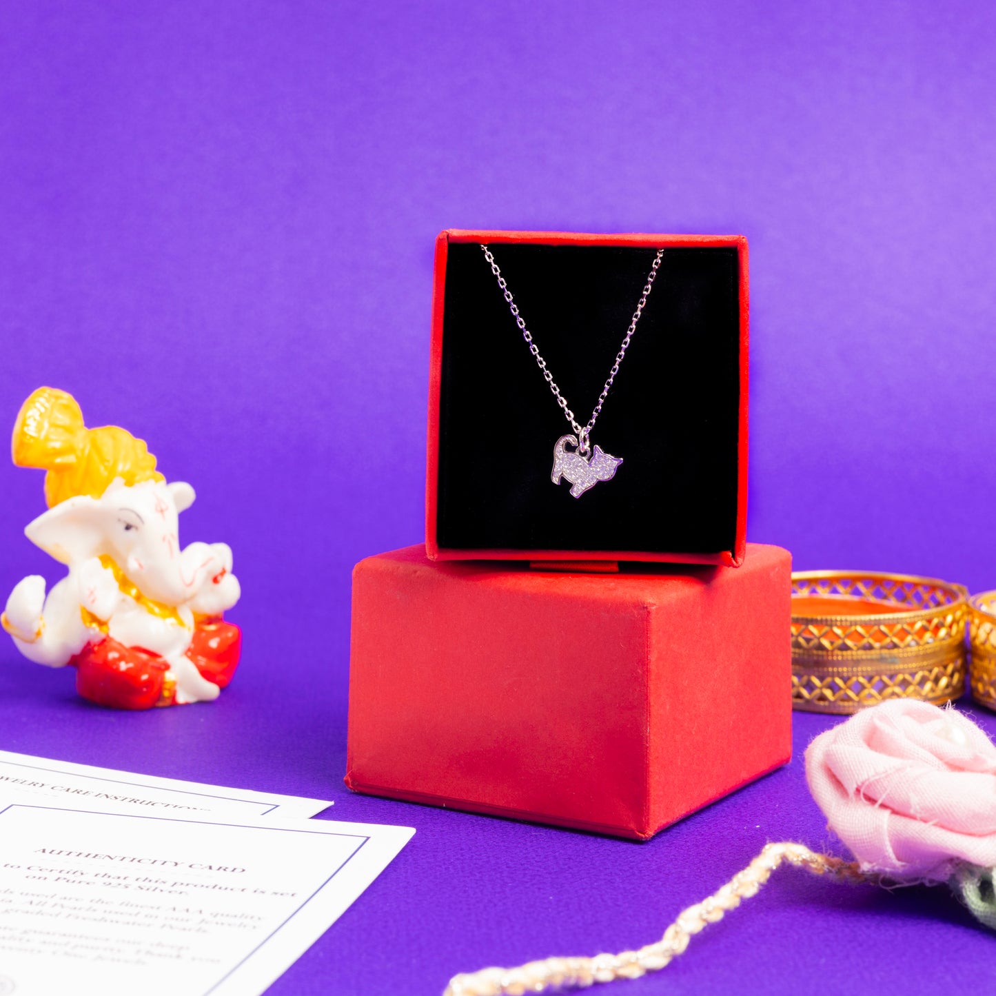 American Diamond Studded Kids Kitty Pendant with Chain on Pure 925 Silver